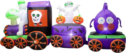 11FT Halloween Inflatables Ghost Train with Mushroom Onion Heads and Mummies Skulls, Built-in LEDs for Halloween Blow Up Indoor Outdoor Decor, Fun Holiday/Party/Yard/Garden Fantasy Display