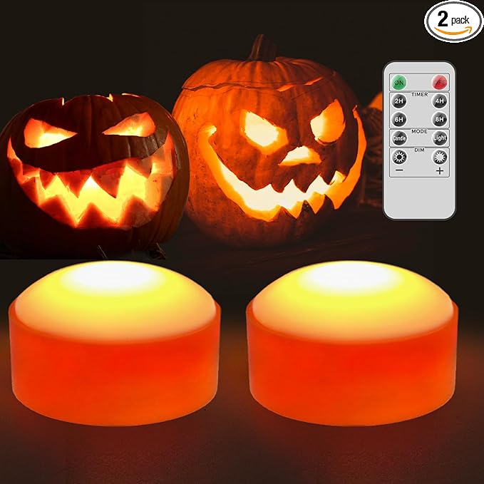 Halloween LED Pumpkin Lights, 2 Pack Battery Operated Jack-O-Lantern Lights with Remote Control and Timers, Orange Flickering Flameless Candles Ideal for Halloween Pumpkin Decorations