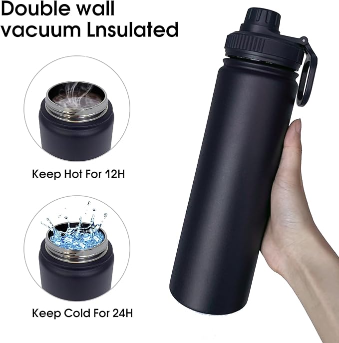 22oz Insulated Water Bottle ,Stainless Steel Sports Water Cup Flask with 2 Lids, Wide Mouth Travel Thermal Mug,Outdoor Sports Bottle(Blue Black)