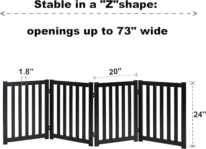 LZRS 4-Panel Wooden Free Standing Foldable Dog Gate – 24" High, Extra Wide Step-Over Safety Pet Gate for Doorways, Stairs, Hallways, Large Spaces & Playpen for Puppies Indoor Use, Black