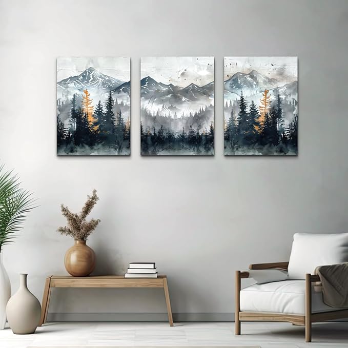 DZRWUBHS Large Canvas Wall Art Prints Modern Wall Decor for Bedroom Wall Art Living Room Office Poster Mountain Landscape Wall Picture Foggy Forest Vintage Paintings Home Decor Ready To Hang 3 Piece
