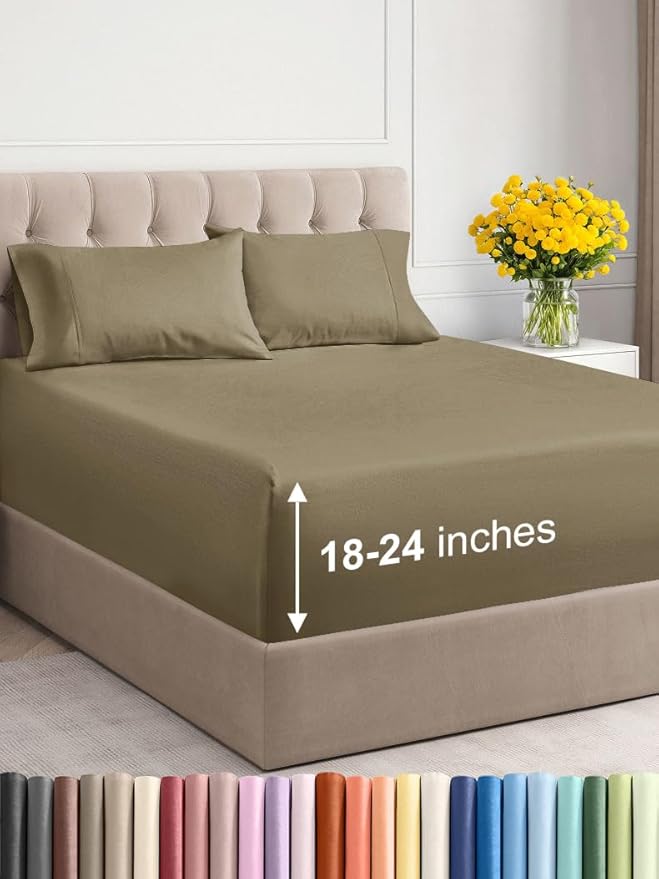 Extra Deep Twin Sheet Set - 4 Piece Breathable and Cooling Sheets - Hotel Luxury Bed Sheets Set - Easy & Secure Fit - Soft, Wrinkle Free and Comfy Sheets Set - Khaki Sheet Set with Extra Deep Pockets