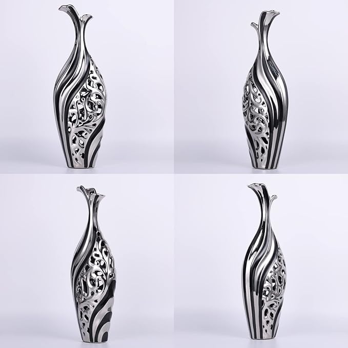 19 inch Tall Floor vase, Black and Silver Ceramic vase, Pottery Decorative vase, Unique Pampas Grass vase Suitable for Living Room Floor, Home Office, Porch Home Centerpiece Decorative Large vase