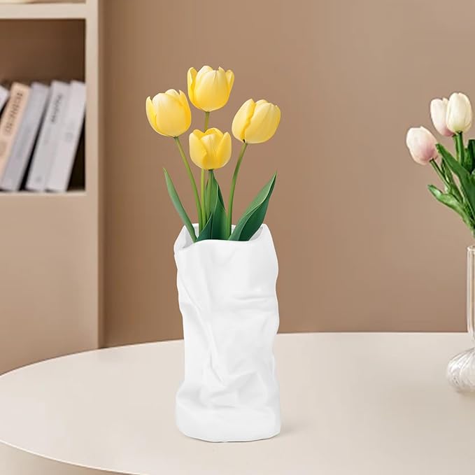 8.4" Paper Bag Vase, White Ceramic Vase, Handmade Irregular Crinkle Flower Vases, Unique Boho Minimalist Art Decorative Vase for Flowers, Modern Home Decor for Room Table Office Wedding Party