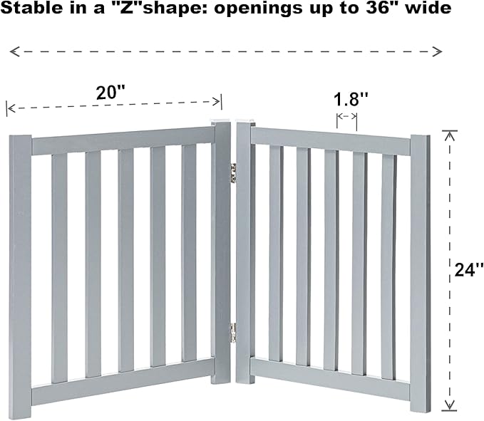 LZRS 2-Panel Wooden Free Standing Foldable Dog Gate – Solid Hardwood 24" High, Step-Over Safety Pet Gate for Doorways, Stairs & Small Spaces - Indoor Use, Grey