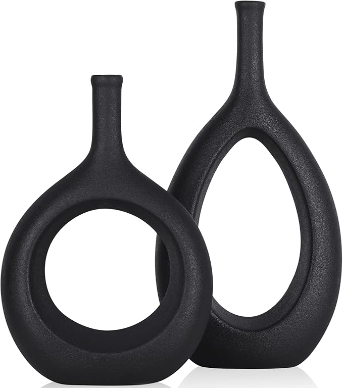 Black Ceramic Vase Set 2,Modern Hollow Circle with Hole Flower Vase for Home Decor,for Table Centerpieces,Farmhouse,Fire Place,Living Room,Bedroom,Office,Bookshelf,Rustic Decor