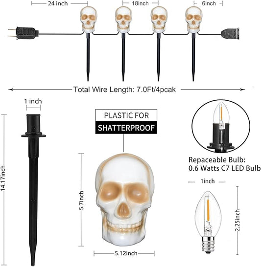 Halloween Skull Pathway Lights, 4 Pack 3D Skeleton Lights with Stakes, Outdoor Connectable C7 Skull Lights for Yard, Garden, Patio, Halloween Party Decor, Black Wire