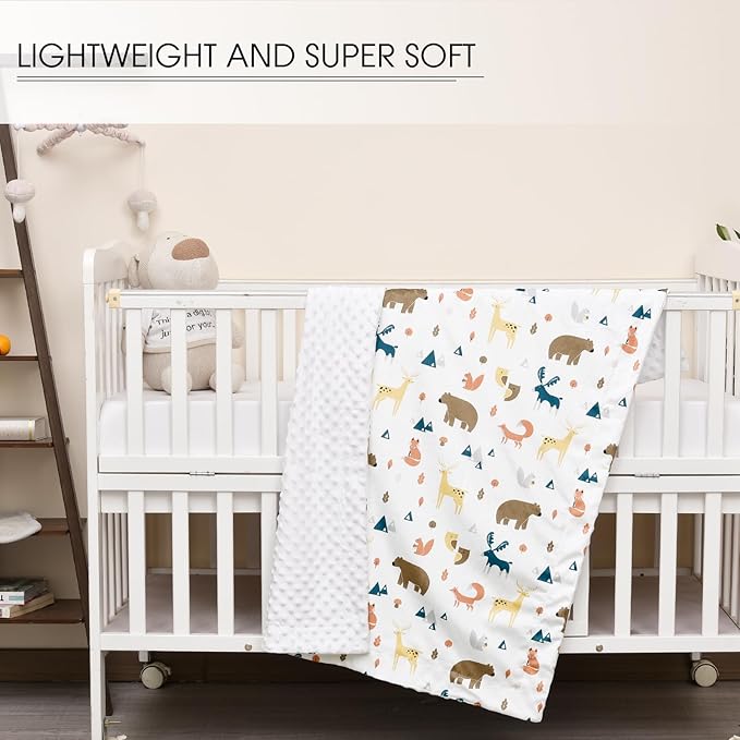 Minky Baby Blanket for Boys Girls Neutral, Soft Lightweight Micro Fleece Blanket with Double Layer, Dotted Backing, Receiving Blanket for Newborns, 30x40 Inches, Woodland Animals
