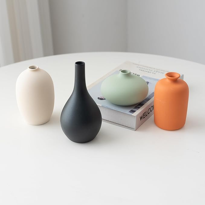 Small Ceramic Vase Set of 4 for Modern Home Decor, Minimalist Bohemian, Round Matte Vases for Dried Flowers&Pampas Grass, Office, Shelf, Living Room, Bedroom, Entryway Decor