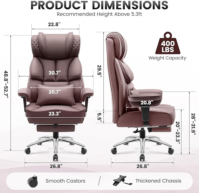 Office Desk Chair, Big and Tall Leather Gaming Chair with Footrest, Wide Ergonomic Comfy Executive High-Back Reclining Computer Chairs, Swivel Rolling Wheels and Padded Lumbar Support,Coffee