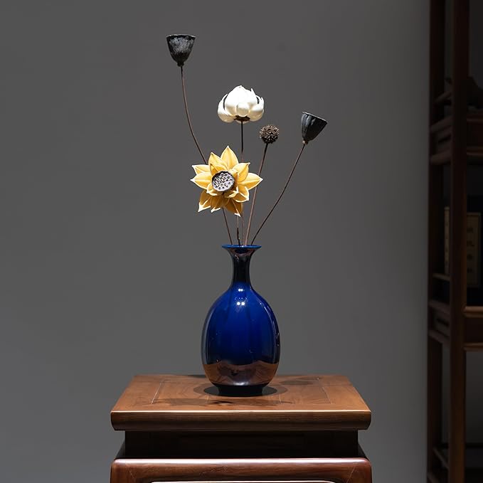 Ceramic Vase Handmade for Modern Home Decor Office Bookshelf Tables Living Room Bedroom Shelf Decor Entryway Dry Flower Arrangement Ornament (Altar Blue Without Flowers)