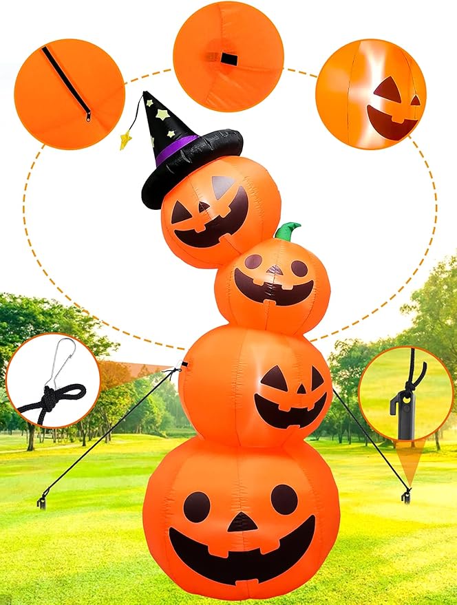 Kalolary 8 Feet Inflatable Stacked Pumpkins with Built-in LEDs, Halloween Indoor/Outdoor Decoration, Pumpkin Lantern, Yard/Lawn Decor for Home & Family Holiday Party