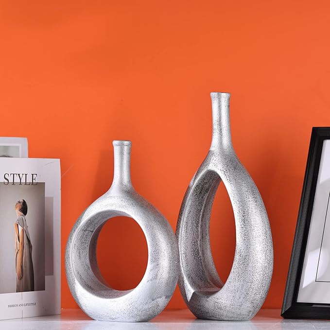 Vintage Silver Ceramic Vase Set 2,Modern Hollow Circle with Hole Flower Vase for Home Decor,for Table Centerpieces,Farmhouse,Fire Place,Living Room,Bedroom,Office,Bookshelf,Rustic Decor