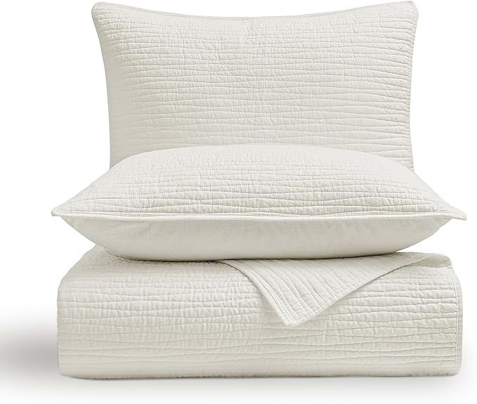 Wonderful Linen Cotton Quilt Set Queen Size, 100% Cotton Back and Filling, 3 Piece Pre-Washed White Bedding Cover, Wave Stitched Bedspread Coverlet Bedding Set 3-Piece for All Seasons, 94"x94"