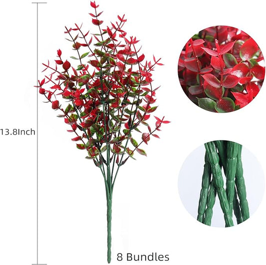 RECUTMS Ferns Artificial Plants Artificial Plants & Greenery Artificial Boxwood Plants Outdoor Uv Resistant Greenery for Outsid Artificial Ferns for Outdoors Eucalyptus Stems for Vase(Red Eucalyptus)