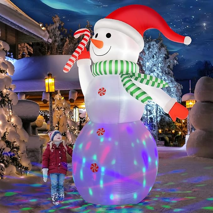 B&D 12FT Giant Christmas Inflatables Snowman Outdoor Decorations, Christmas Blow Up Snowman Inflatables Yard Decoration with Rotating Colorful LED Lights for Holiday Party Garden Yard Outdoor Décor