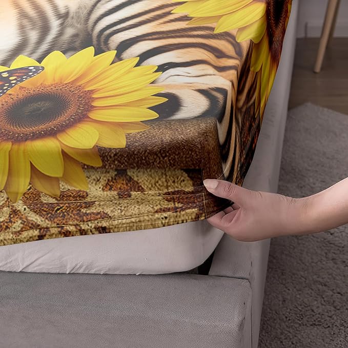AILONEN Tiger Fitted Sheet Set Queen Size, Vintage Retro Boho Bed Sheet Set Sunflower Butterfly Sheet Set,3 Pieces Printed Teen Boys Tiger Fitted Sheet with 2 Pillowcases
