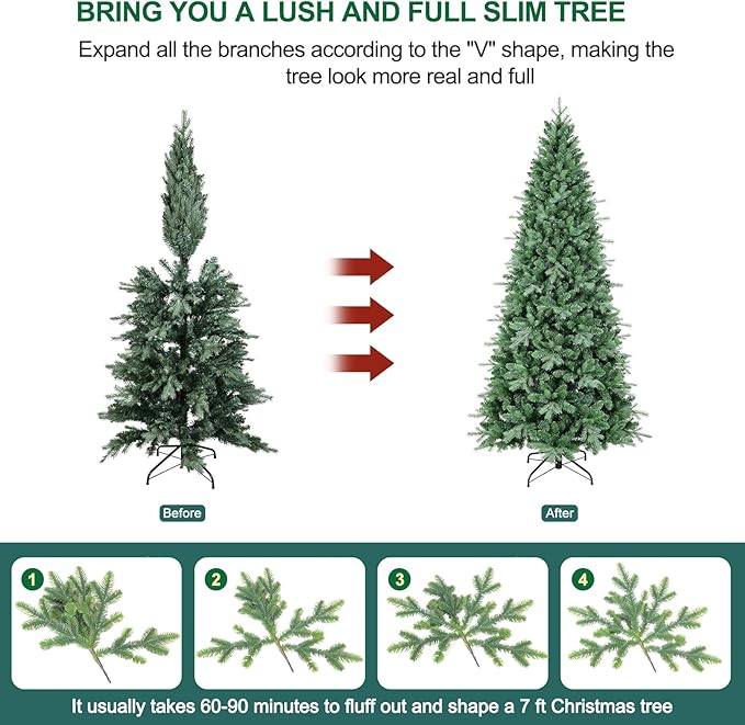 7 FT Pre-lit Artificial Skinny Christmas Tree,Blue Spruce Slim Christmas Tree with 1552 PE&PVC Mixed Branch Tips and 400 UL Listed Clear Lights,Hinged Xmas Tree with Metal Stand for Home Office Décor