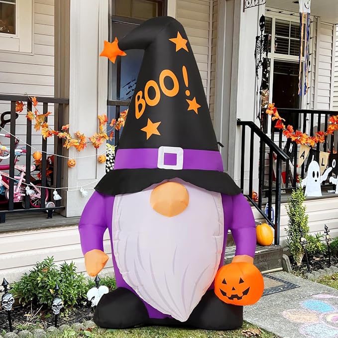 GOOSH 5 FT Halloween Inflatables Gnomes Outdoor Decorations Blow Up Yard Cute Gnomes Helding Pumpkin with Built-in LEDs for Garden Lawn Indoor Party Decor