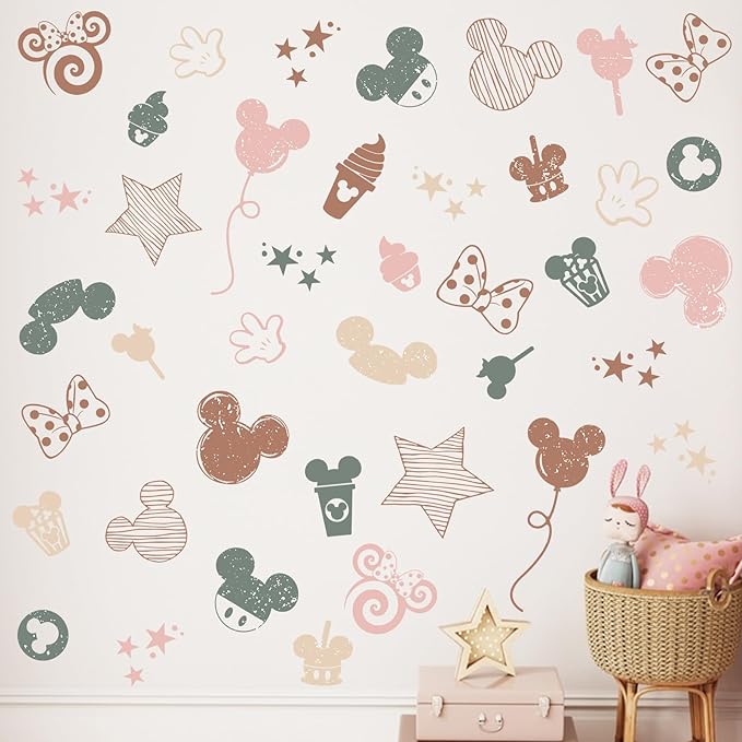 Mfault Cartoon Mouse Wall Decals Stickers, Stripes Stars Pink Polka Dot Bow Nursery Decorations Baby Girls Bedroom Art, Candy Balloon Neutral Toddlers Kids Room Playroom Decor Gifts