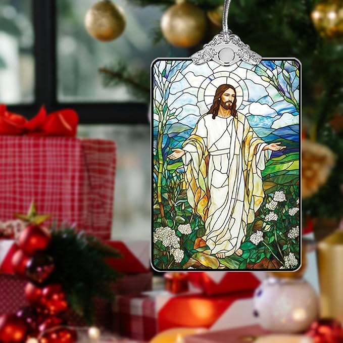 Jesus Stained Glass Ornament, 2025 Christmas Tree Hanging Decoration for Gift Exchange or Stocking Stuffer, Religious Holiday Decor, 3.8 x 2.4 Inch