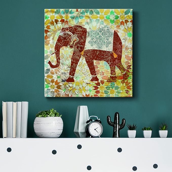 Cute Animals Artwork Abstract Colorful Painting Wall Art on Canvas, Bali Elephant Wall Art, Ready to Hang, 10'' x 10''