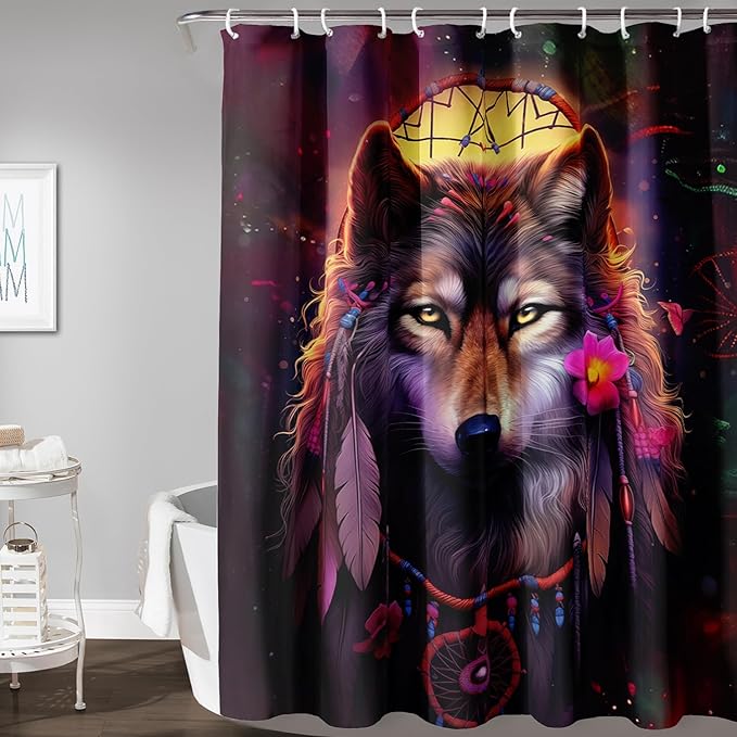 AILONEN 3D Wolf Dream Catcher Shower Curtain for Bathroom,Safari Wolf Printed Bath Curtain for Boys Men,Wildlife Decoration Shower Curtain Waterproof 72" W*78" H