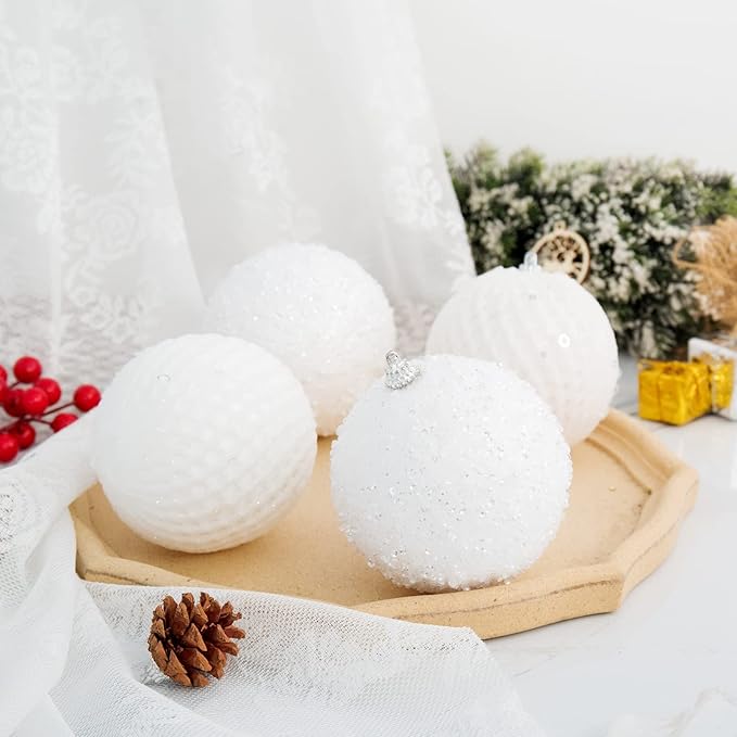 6pcs 3.94" Christmas Ball Ornaments Glitter Shatterproof Christmas Tree Ornaments Sequin Xmas Hanging Balls Decorations for Wedding Party Holiday (White, 6pc-10cm)