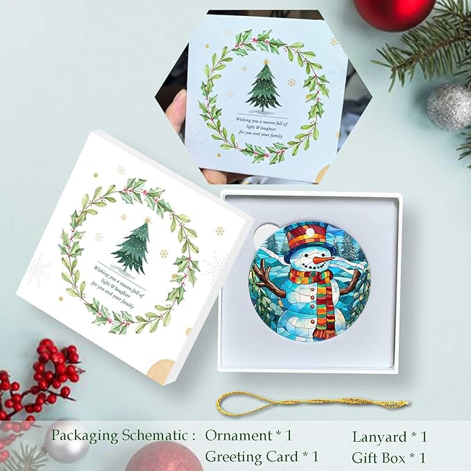 Snowman Ornament Round Ceramic Stained Glass Style Ornament Xmas Keepsake for Christmas Tree Winter Holiday Xmas Gift for Women Men Xmas Hanging Ornament 3"