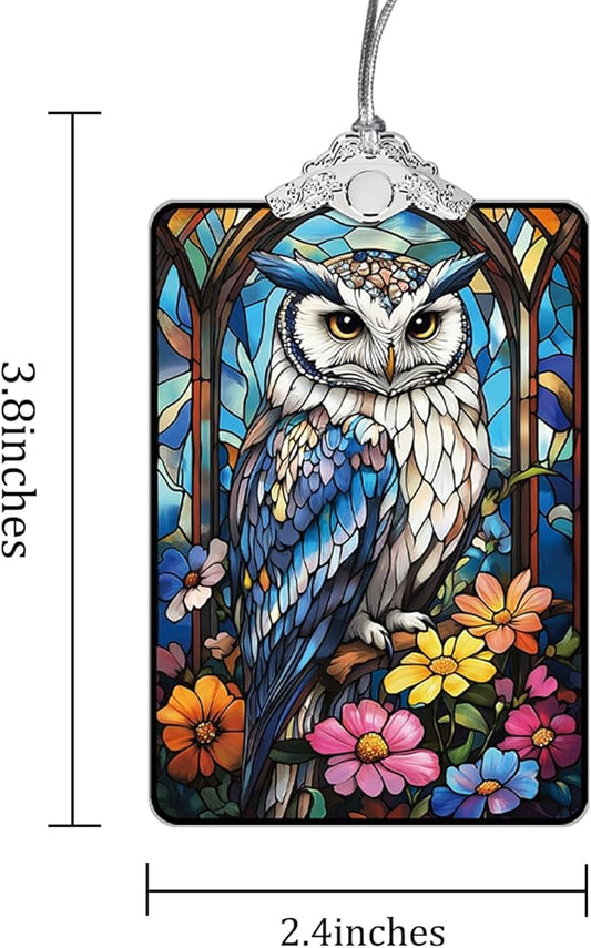 Owl and Wildflowers Stained Glass Ornament, 2025 Christmas Tree Hanging Decoration for Gift Exchange or Stocking Stuffer, Holiday Decor, 3.8 x 2.4 Inch