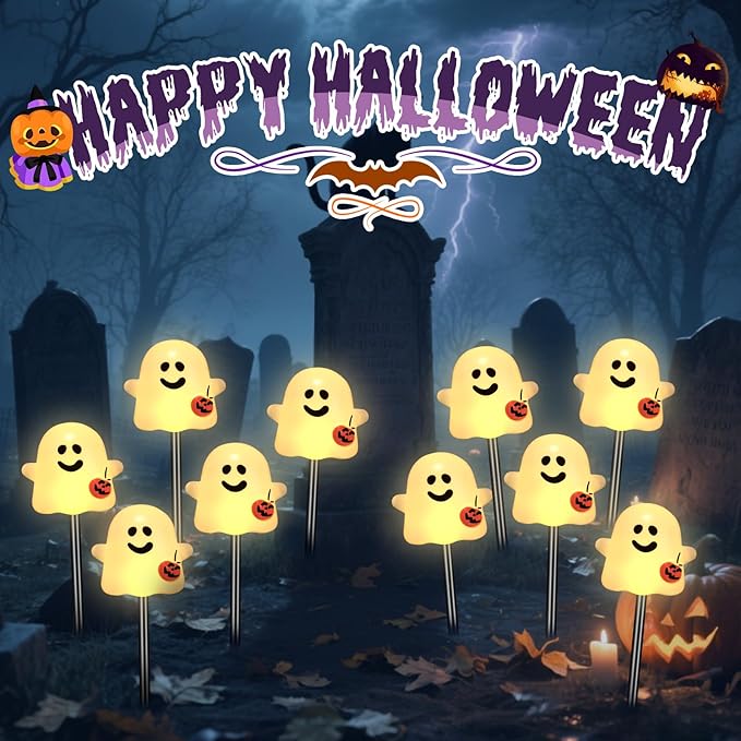 olar Halloween Ghost Pathway Lights, 10 Pack Ghost Stake Lights with Pumpkin Design, Durable Waterproof Outdoor Halloween Decoration for Garden, Walkway, and Yard (Warm White)