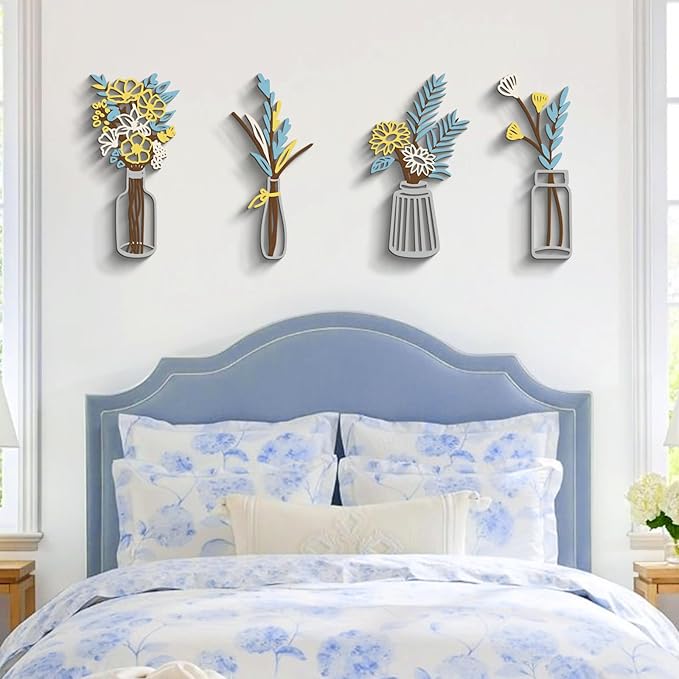 Glamativity Large 4 Pcs Colorful and Black Double-Sided Metal Flowers and Vases Wall Arts, 22.5 x 12'' Minimalist Wall Décor, 3D Textured Sculptures, Floral Iron Wall Decorative