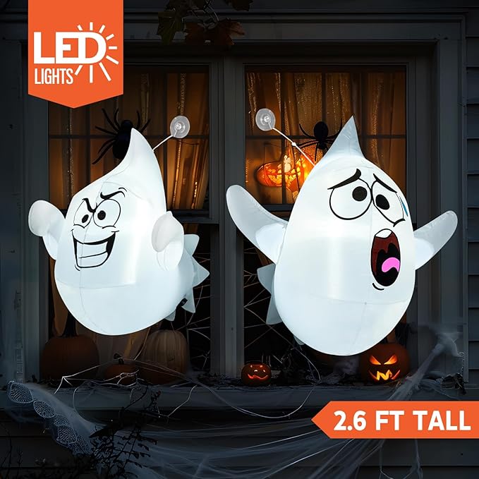 Joiedomi 2 Pcs Halloween Inflatables Outdoor Decorations, Halloween Blow Ups Ghost with Built-in LEDs, Cute Window Inflatable Ghost for Window Decorations