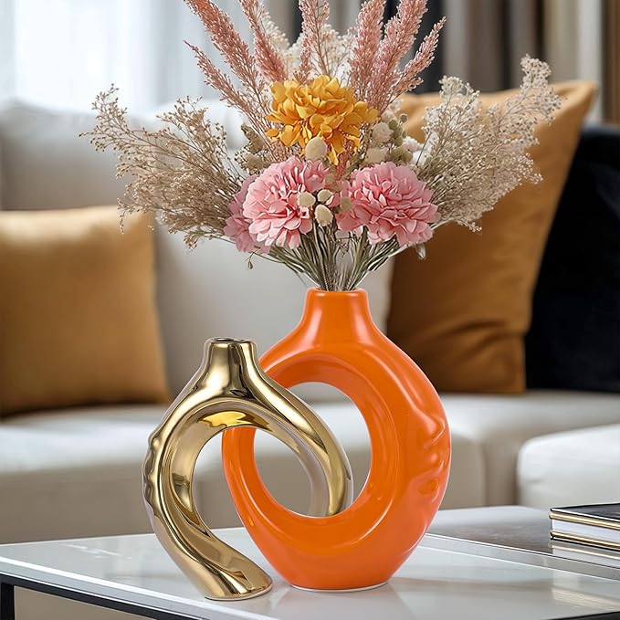 Orange Gold Ceramic Vase Set of 2 for Modern Home Decor,Round Boho Vase for Pampas Grass,Neutral Minimalist Vase for Dining Room Table Centerpiece Dining Room,Wedding Table Decoration