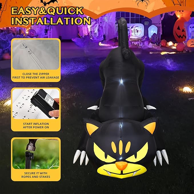 7FT Dia Halloween Inflatable Black Cat with Build-in LED Lights, Blow up Black Cat Inflatable Outdoor Indoor Decoration Large Party Yard Decoration