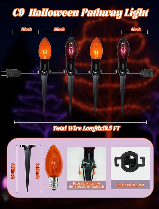 Halloween Pathway Lights Outdoor,10 Pack Halloween Party Decor Stake Lights with C9 Clear Black&Orange Bulbs,19.5Ft Extendable Waterproof Walkway Lights for Yard Porch Lawn Garden