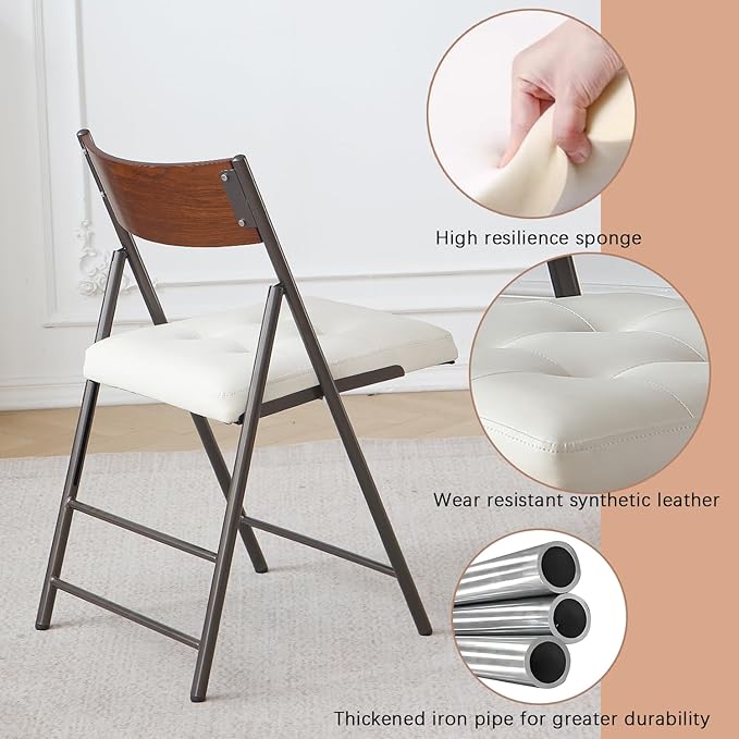 2 Pack Folding Chairs with Thick Padded Seat,Heavy Duty Steel Frame Foldable Dining Chairs with Soft Cushion Set of 2,Portable Indoor Outdoor for Home Kitchen,Office,Events,Wedding(White)