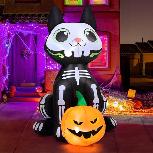 GOOSH 5 FT Halloween Inflatables Skeleton Cat Outdoor Decorations Blow Up Yard Cute Black Cat with Pumpkin Built-in LEDs for Garden Lawn Indoor Party Decor