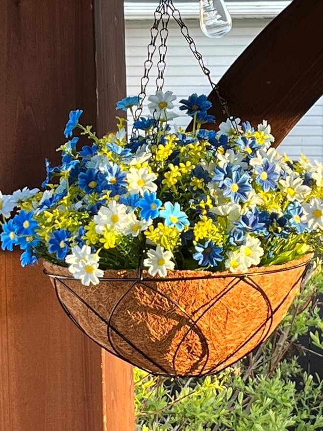 Artificial Faux Hanging Plants Flowers Basket for Summer Autumn Outdoor Outside Porch Decoration, Fake Silk Colorful Daisy Eucalyptus UV Resistant Look Real for Home Patio Balcony Yard