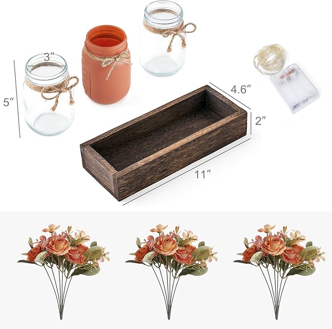 Mkono Mason Jar Lights Centerpiece Table Decorations for Dining Room Farmhouse Coffee Table Decor Tray with 3 Jars Flowers Centerpieces Spring Decor for Kitchen Living Dining Room, Orange