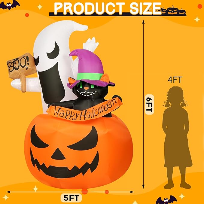 Inflatable Halloween Decorations, 6FT Outdoor Ghost Cat Pumpkin Halloween Inflatables, Outside Blow Up Yard Decoration with LED Lights, Halloween Decor for Home,Holiday,Party,Garden