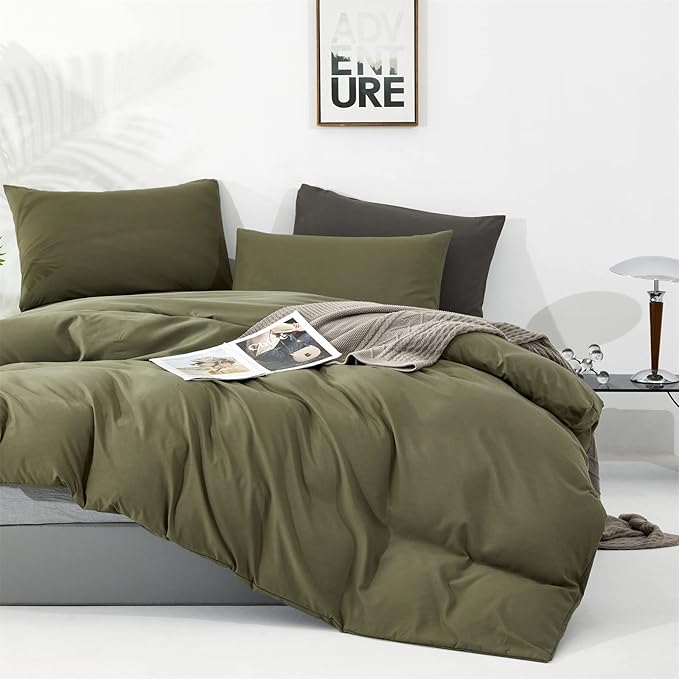 Wellboo Olive Green Comforter Sets King Size Solid Dark Green Bedding Comforters Cotton Plain Army Green Soft Cozy Quilts Women Men Dark Grass Green Blankets Modern Minimalist Hunter Green Comforters