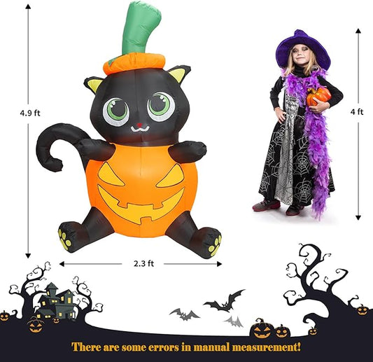 5FT Halloween Inflatable Pumpkin Cat, Lovely Black Cat with Build-in LED Lights, Blow up Halloween Inflatable Outdoor Indoor Decorations Large Party Yard Decoration (Black Cat in Pumpkin)