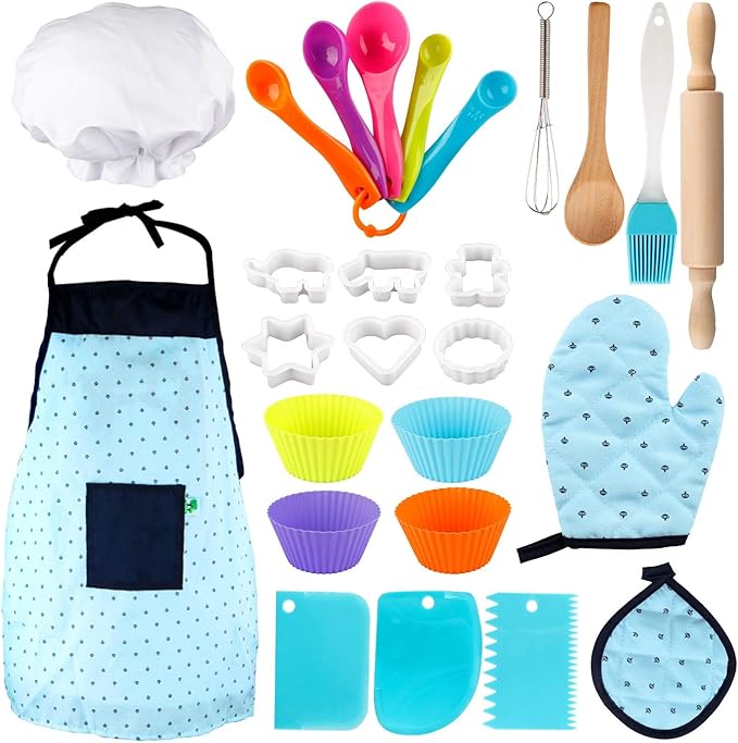 Vanmor Kids Basic Cooking and Baking Sets, 26 Pcs Kids Baking Sets with Kids Chef Hat and Apron for Girls Boys Toddler Dress Up Chef Costume Career Role-Playing Toys for 3456 Years Old Girl Boys Gifts