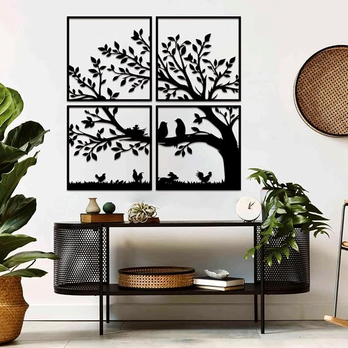 ruelen Wall Decor 4 Pieces Metal Birds and Branch Wall Art, Tree of Life Metal Wall Art, Black Leaves with Birds Silhouette Hanging Wall Sculpture For Indoor Home Bedroom Living Room Office Outdoor