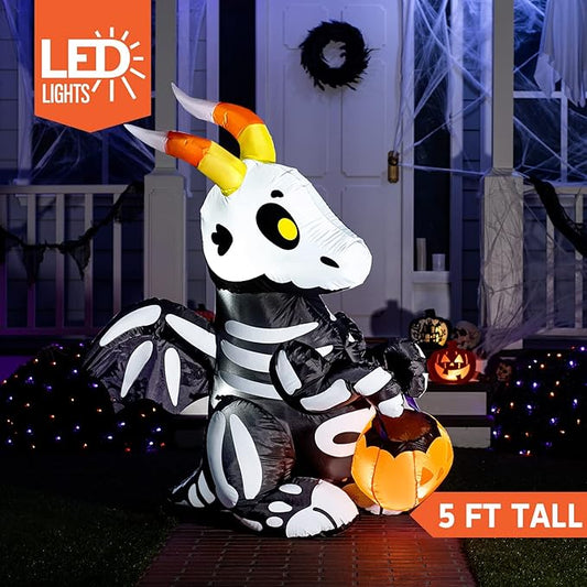 Joiedomi 5 FT Tall Halloween Inflatables Outdoor Decorations, Blow Ups Skeleton Halloween Decor Inflatable Skeleton Dragon with Build-in LEDs for Outside Yard Decorations