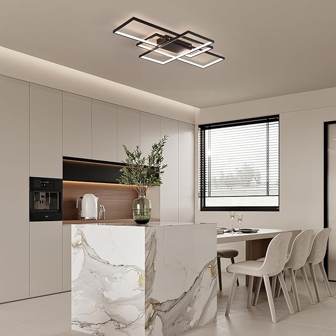 GEADI Modern Large Led Ceiling Light for Living Room,35.4" Black Dimmable Ceiling Lights for Bedroom with Remote Control,3 Rectangular Light Fixtures for Kitchen Dining Room Office, 3000-6500K