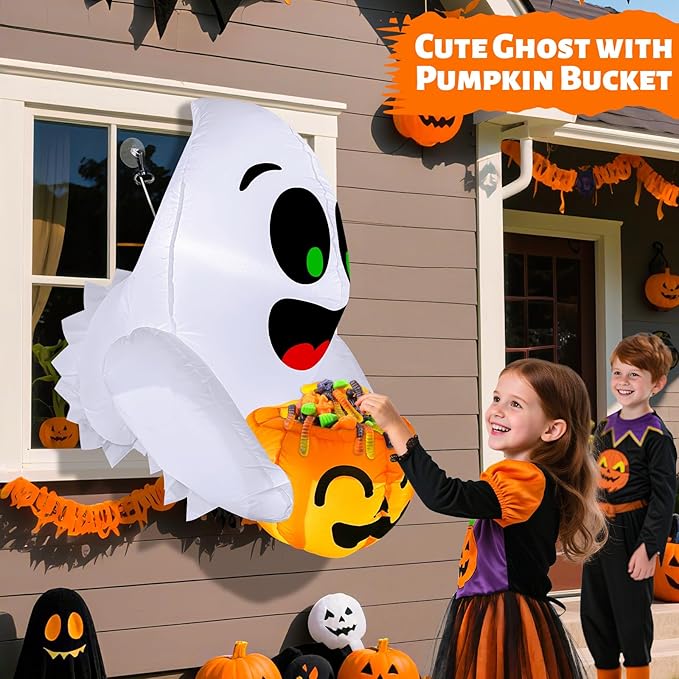 TURNMEON 3.5 Ft Halloween Inflatable Ghost Holding Candy Bucket Broke Out from Window Outdoor Halloween Decorations Blow Up with Build-in LED Lights for Party Indoor Outside Home Yard Garden Decor