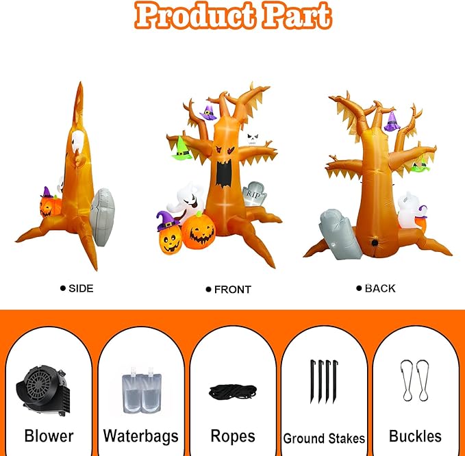 8.4FT Halloween Inflatable Spooky Tree, Halloween Blow up Tree Inflatable with Ghost Pumpkin Skull Wizard Hat Tombstone Built-in 7 LED for Halloween Party Parade Haunted House Outdoor Decor