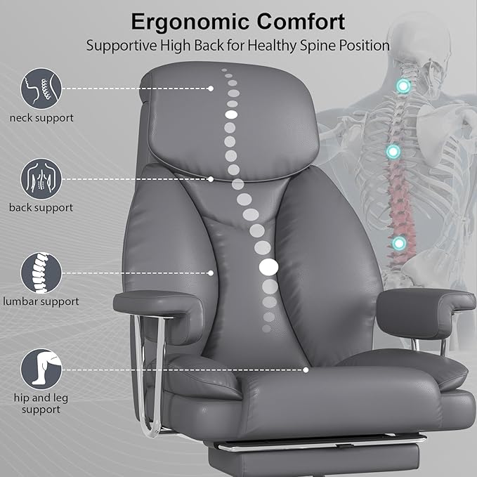 Big and Tall Office Chair, Ergonomic Leather High Back Executive Computer Desk Chair with Retractable Footrest and Padded Arms, 360°Swivel Free, 90-135°Reclining, 500lbs Wide Seat, Gray